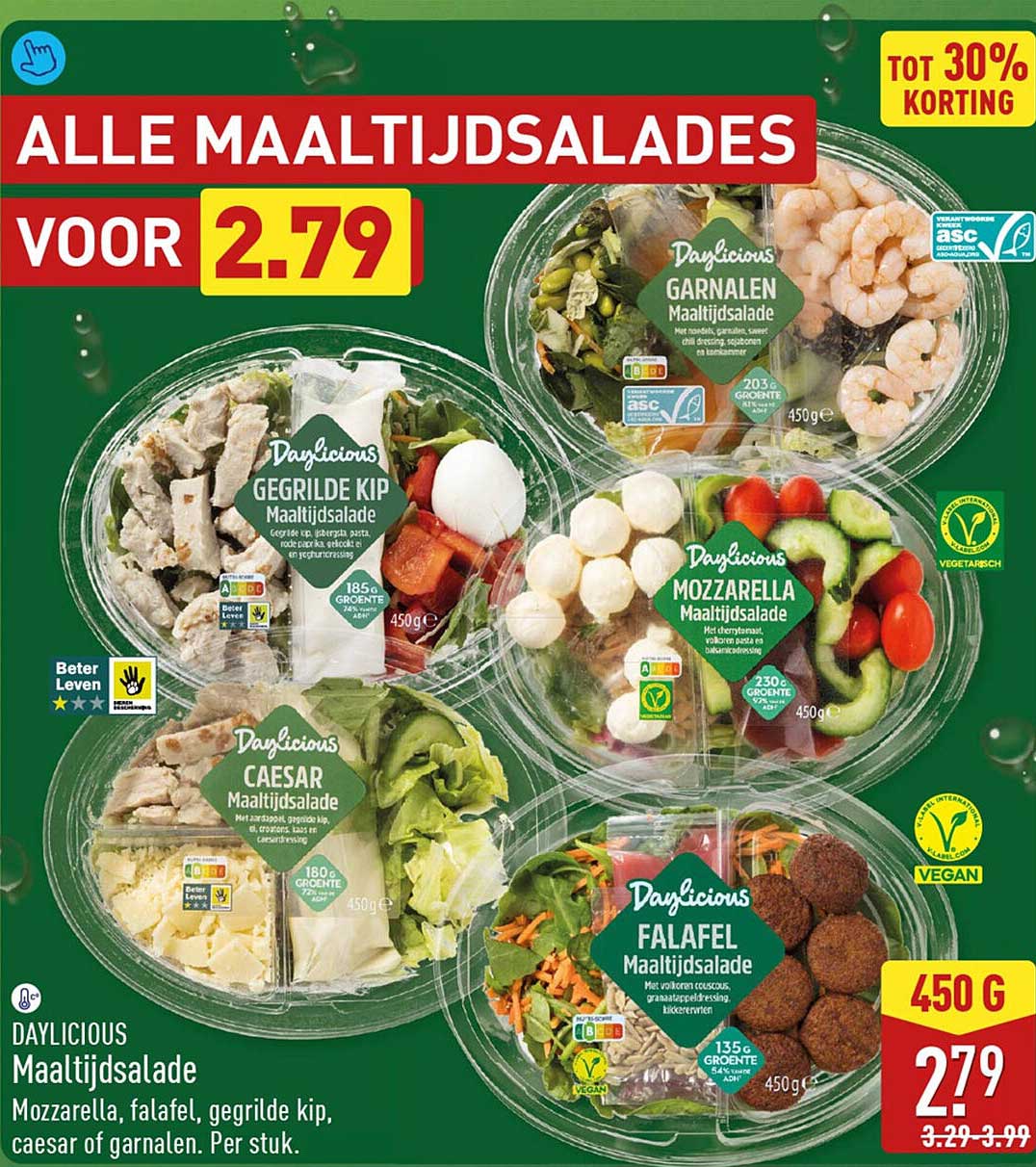 DAYLICIOUS Maaltijdsalade Mozzarella, falafel, gegrilde kip, caesar of garnalen. Per stuk.