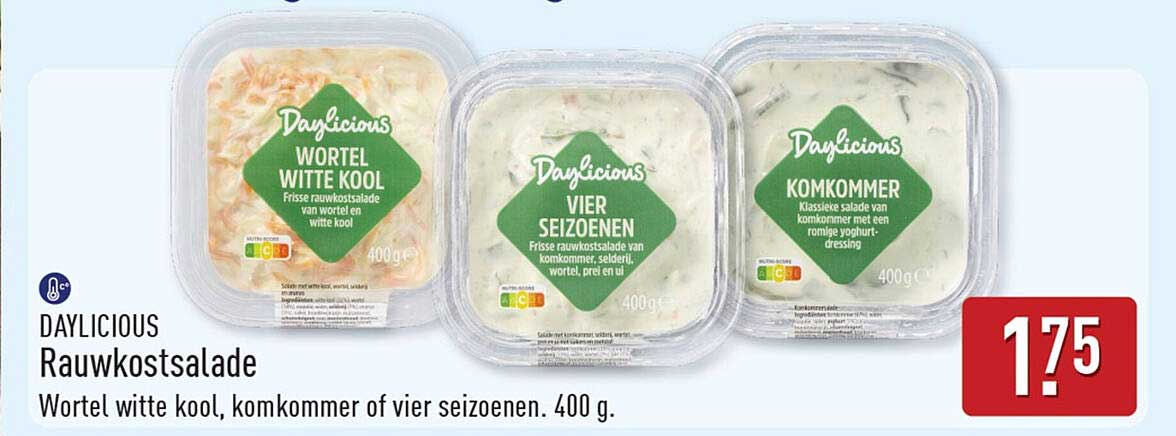 DAYLICIOUS Rauwkostsalade Wortel witte kool, komkommer of vier seizoenen, 400 g.
