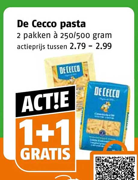 De Cecco pasta 2 pakken à 250/500 gram ACTIE 1+1 GRATIS