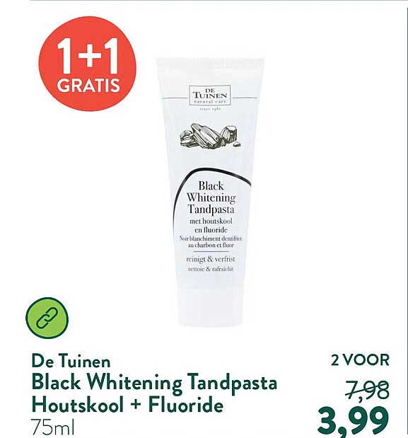 De Tuinen Black Whitening Tandpasta Houtskool + Fluoride 75ml 1+1 GRATIS