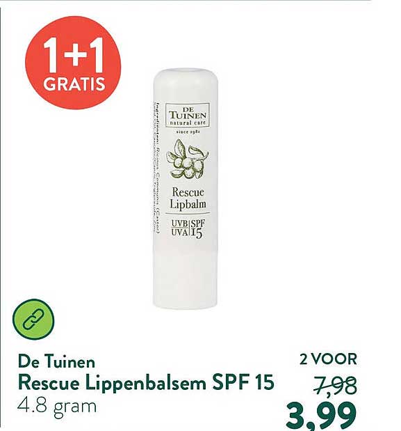 De Tuinen Rescue Lippenbalsem SPF 15 1+1 GRATIS