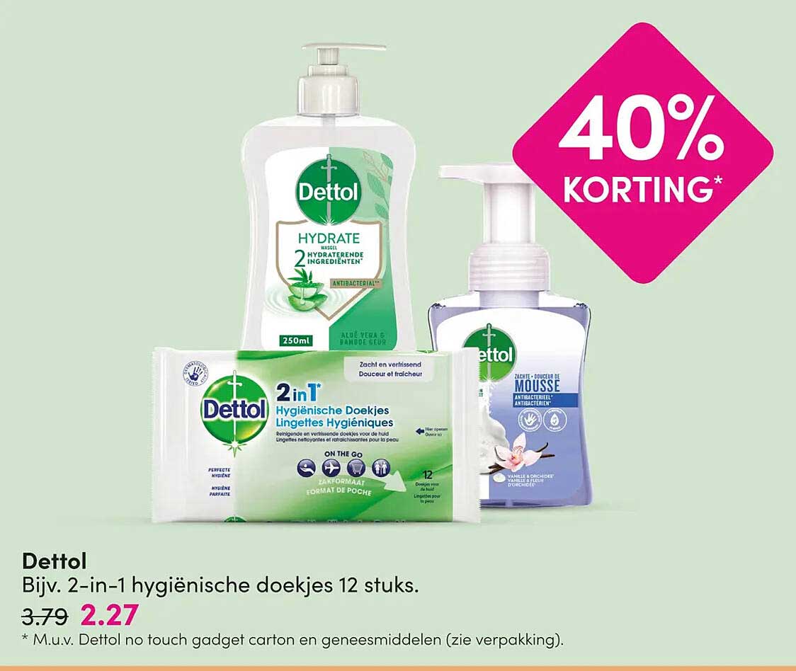 Dettol Bijv. 2-in-1 hygiënische doekjes 12 stuks 40% KORTING*