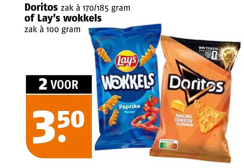 Doritos zak à 170/185 gram of Lay's wokkels zak à 100 gram 2 voor