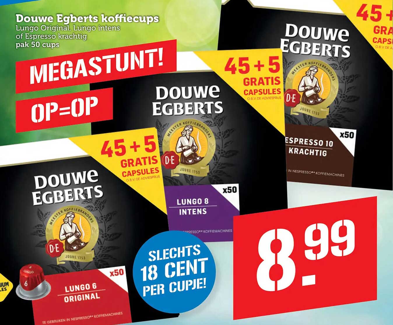 Douwe Egberts koffiecups Lungo Original, Lungo intens of Espresso krachtig pak 50 cups 45+5 gratis capsules