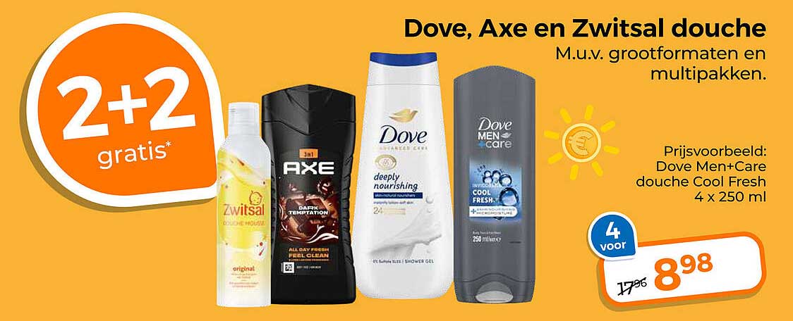 Dove, Axe en Zwitsal douche 2+2 gratis*
