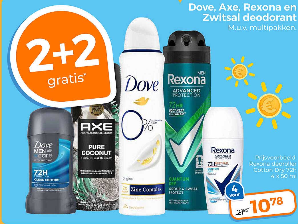 Dove, Axe, Rexona en Zwitsal deodorant 2+2 gratis
