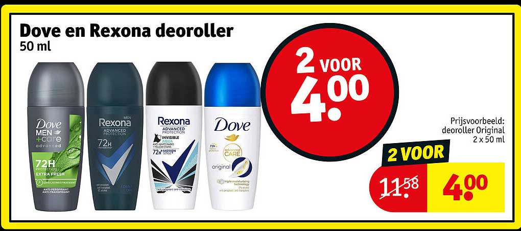 Dove en Rexona deodorroller 50 ml 2 voor 4.00