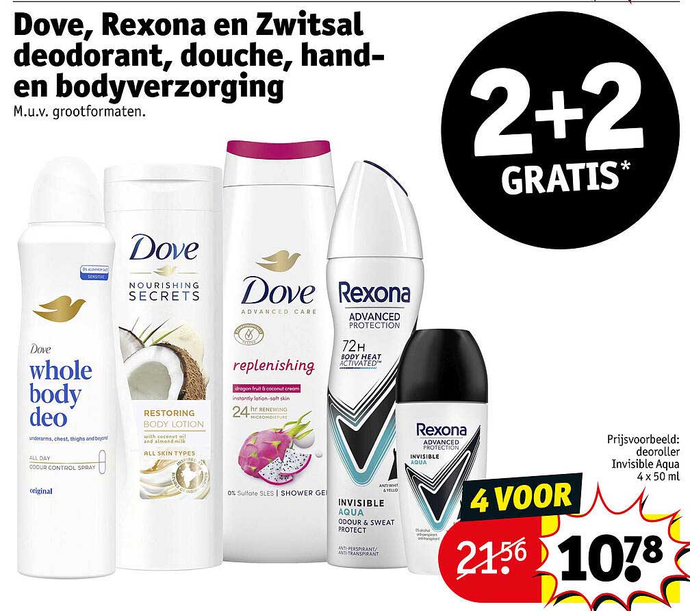 Dove, Rexona en Zwitsal deodorant, douche, hand- en bodyverzorging 2+2 GRATIS*