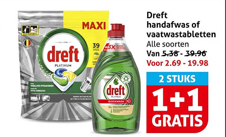 Dreft handafwas of vaatwastabletten Alle soorten 2 STUKS 1+1 GRATIS