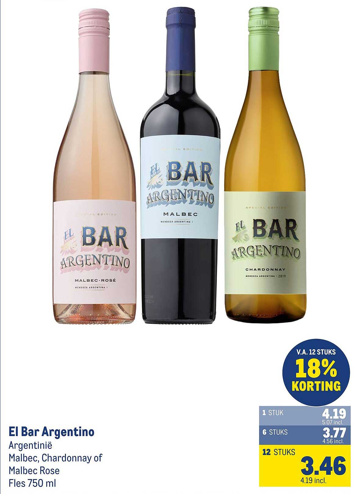 El Bar Argentino Argentinië Malbec, Chardonnay of Malbec Rose Fles 750 ml