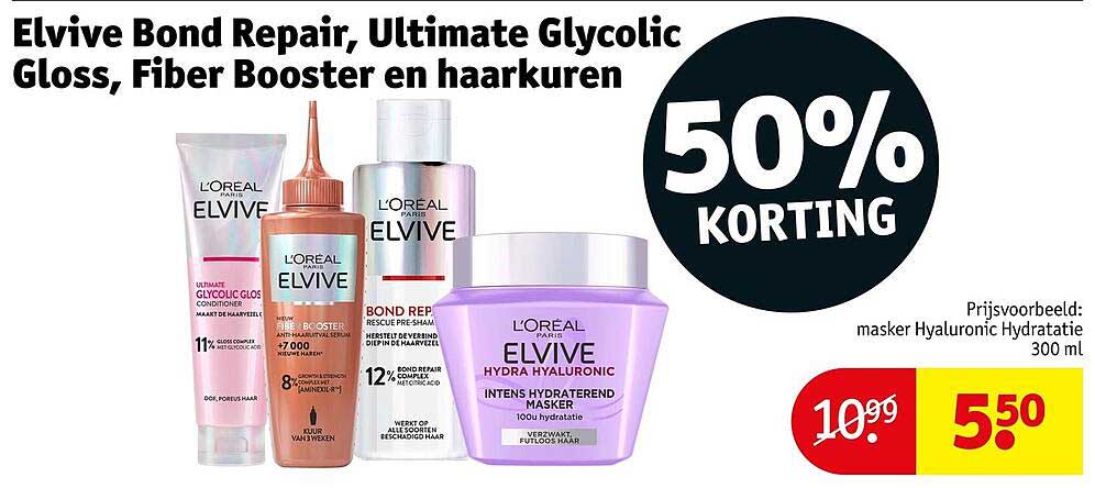 Elvive Bond Repair, Ultimate Glycolic Gloss, Fiber Booster en haarkuren 50% KORTING