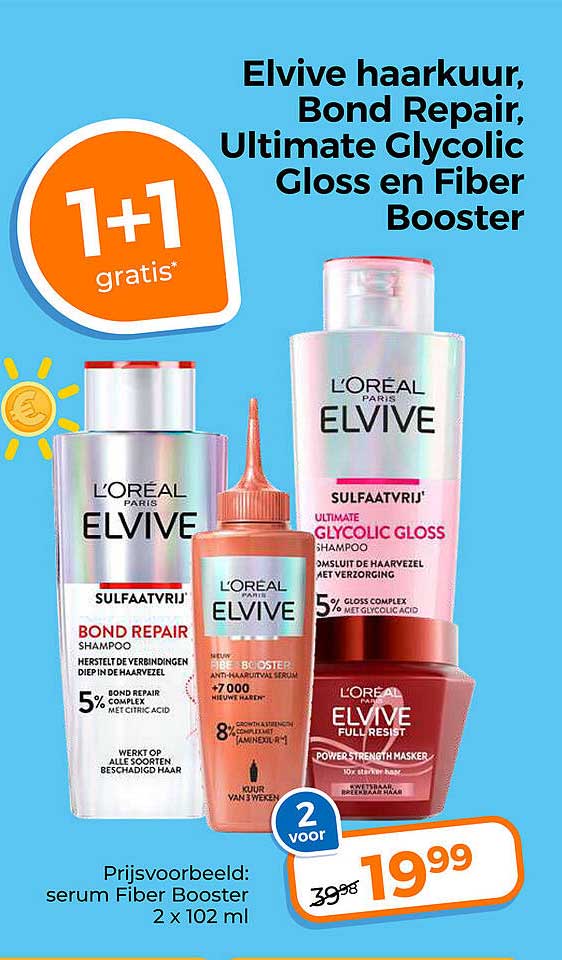 Elvive haarkuur, Bond Repair, Ultimate Glycolic Gloss en Fiber Booster 1+1 gratis