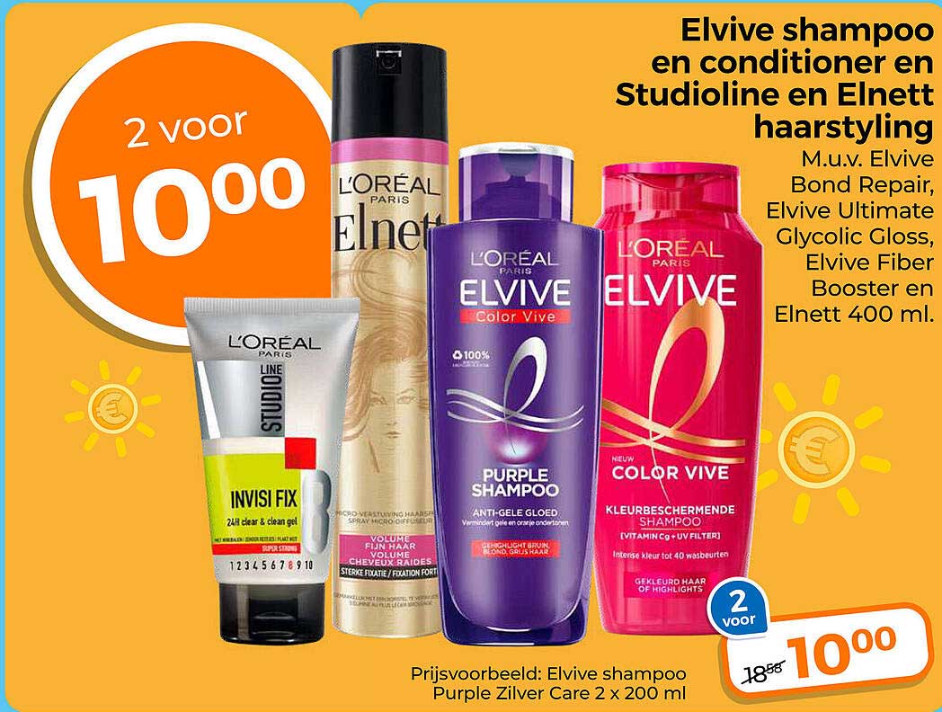 Elvive shampoo en conditioner en Stylioline en Elnett hairstyling 2 voor 10,00