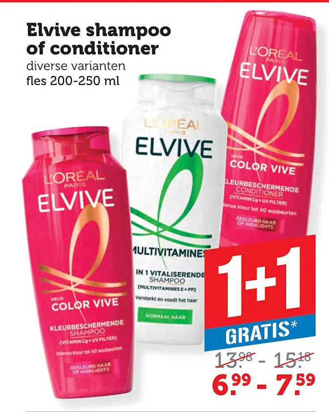 Elvive shampoo of conditioner diverse varianten fles 200-250 ml 1+1 gratis