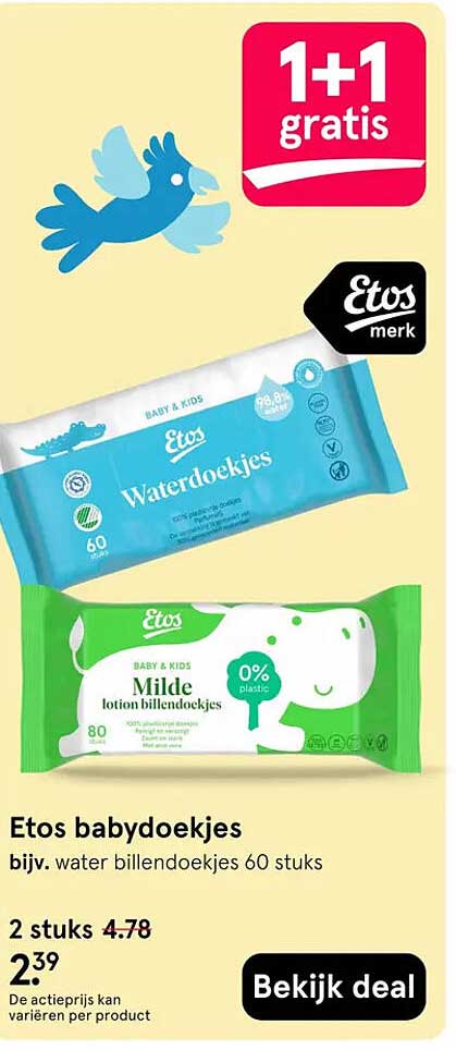 Etos babydoekjes bijv. water billendoekjes 60 stuks 1+1 gratis