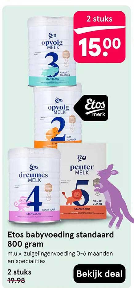 Etos babyvoeding standaard 800 gram m.u.v. zuigelingenvoeding 0-6 maanden en specialities 2 stuks