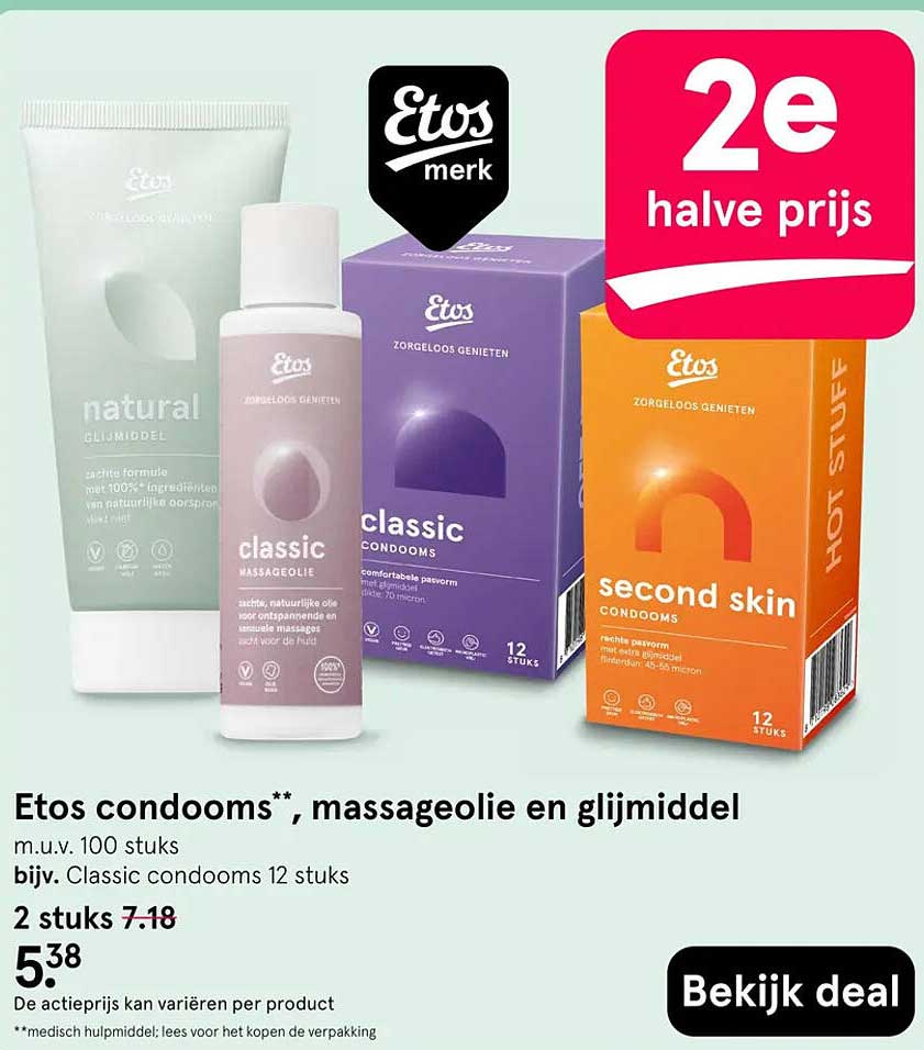 Etos condooms**, massageolie en glijmiddel 2e halve prijs