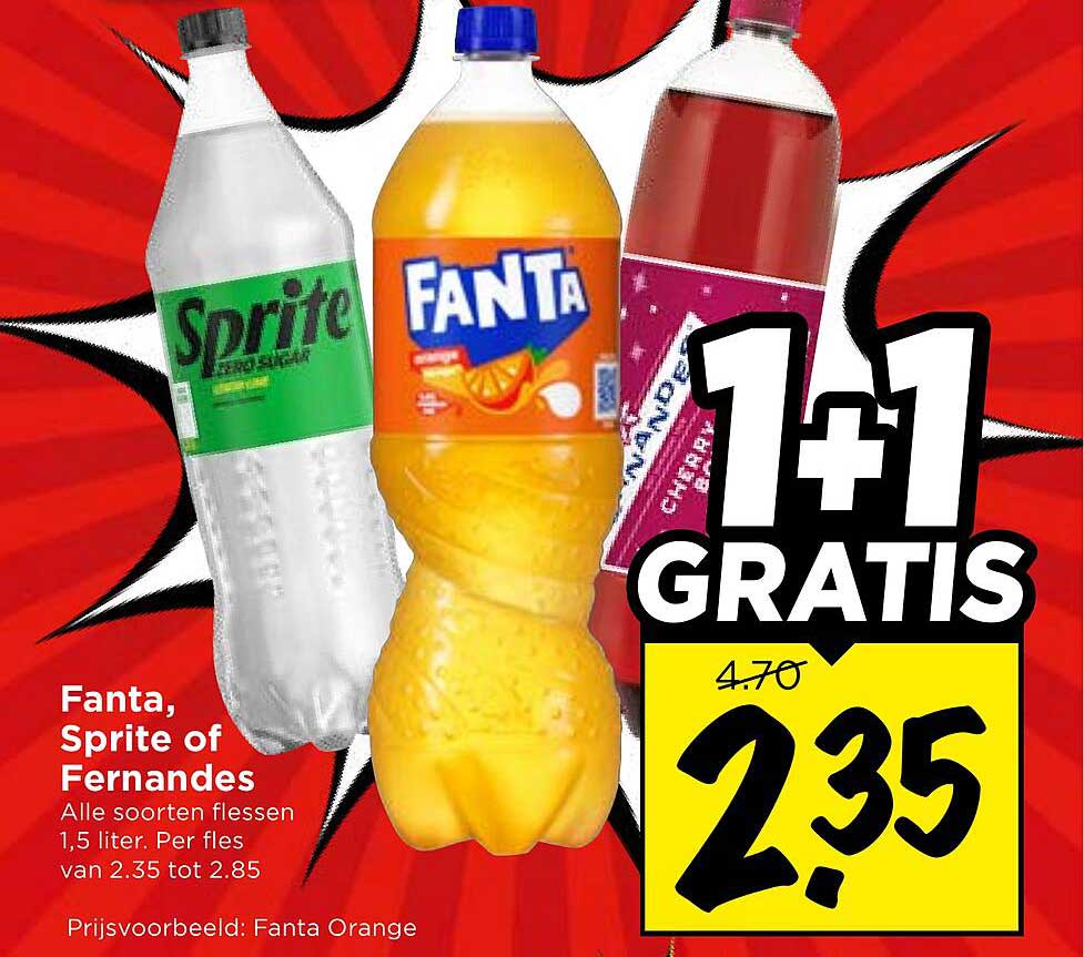 Fanta, Sprite of Fernandes Alle soorten flessen 1,5 liter. Per fles van 2.35 tot 2.85 1+1 GRATIS