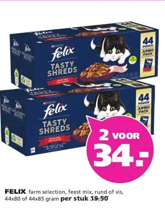 FELIX farm selection, feest mix, rund of vis, 44x80 of 44x85 gram per stuk 19.50 2 voor 34.-