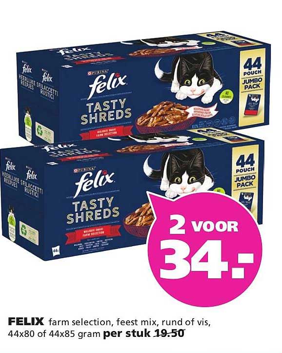 FELIX farm selection, feest mix, rund of vis, 44x80 of 44x85 gram per stuk 19.50 2 voor 34.-