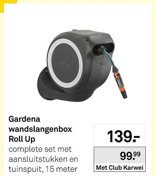 Gardena wandslangenbox Roll Up complete set met aansluitstukken en tuinspuit, 15 meter