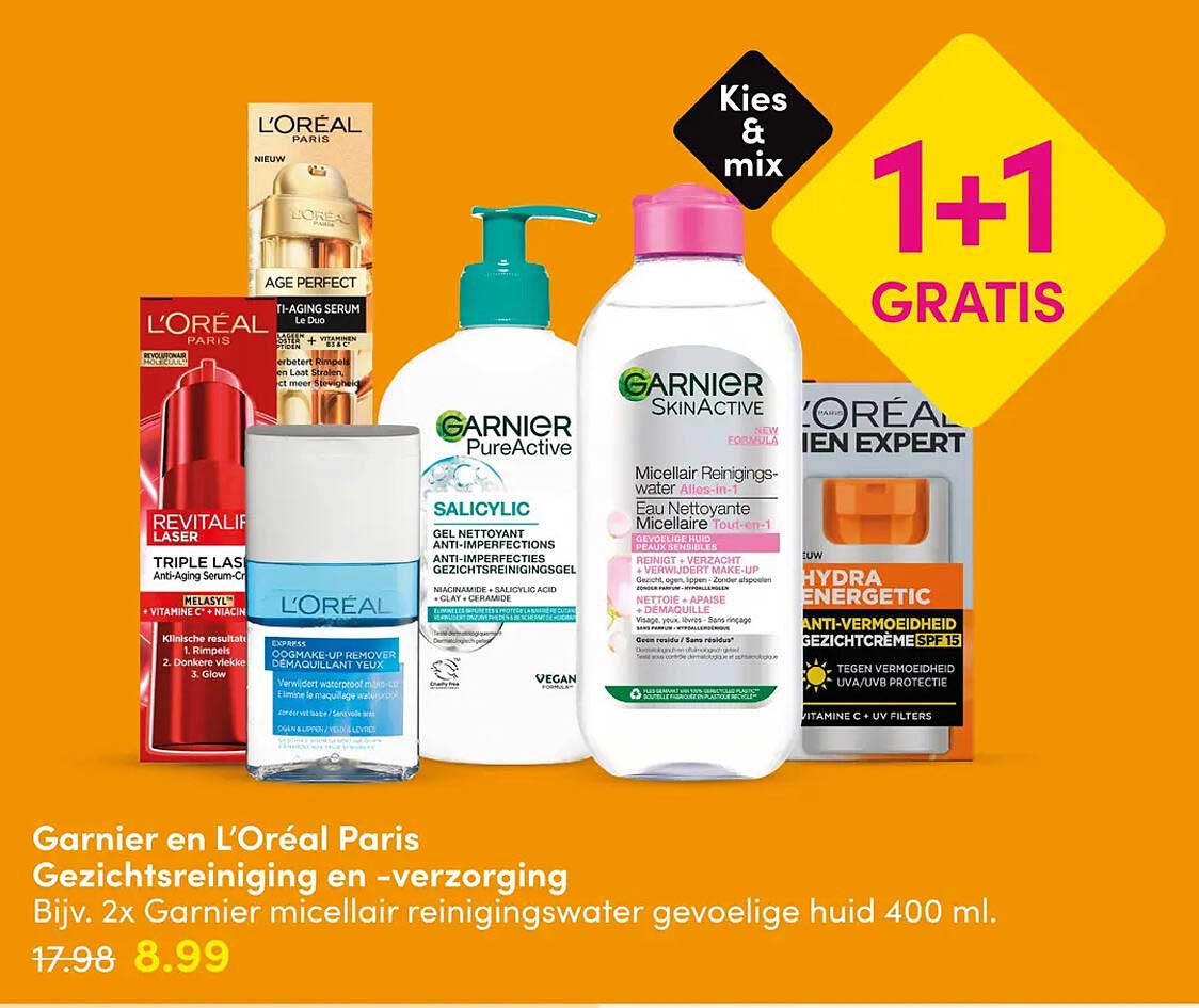 Garnier en L'Oréal Paris Gezichtsreiniging en -verzorging 1+1 gratis