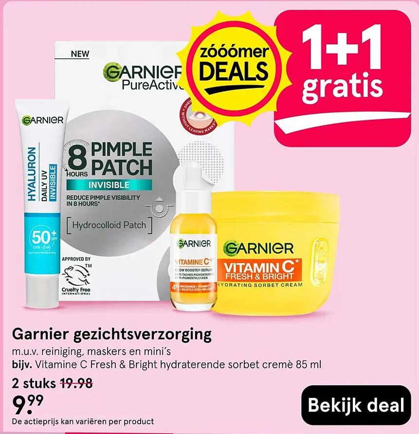 Garnier gezichtsverzorging 1+1 gratis