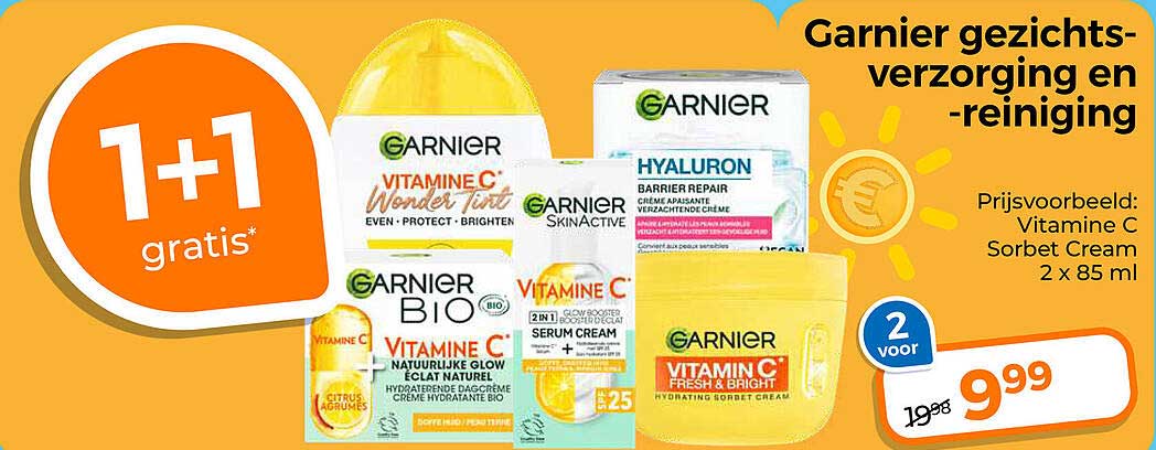 Garnier gezichtsverzorging en -reiniging 1+1 gratis