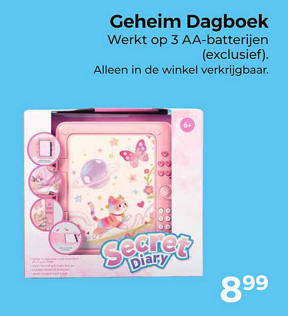 Geheim Dagboek Werkt op 3 AA-batterijen (exclusief). Alleen in de winkel verkrijgbaar.