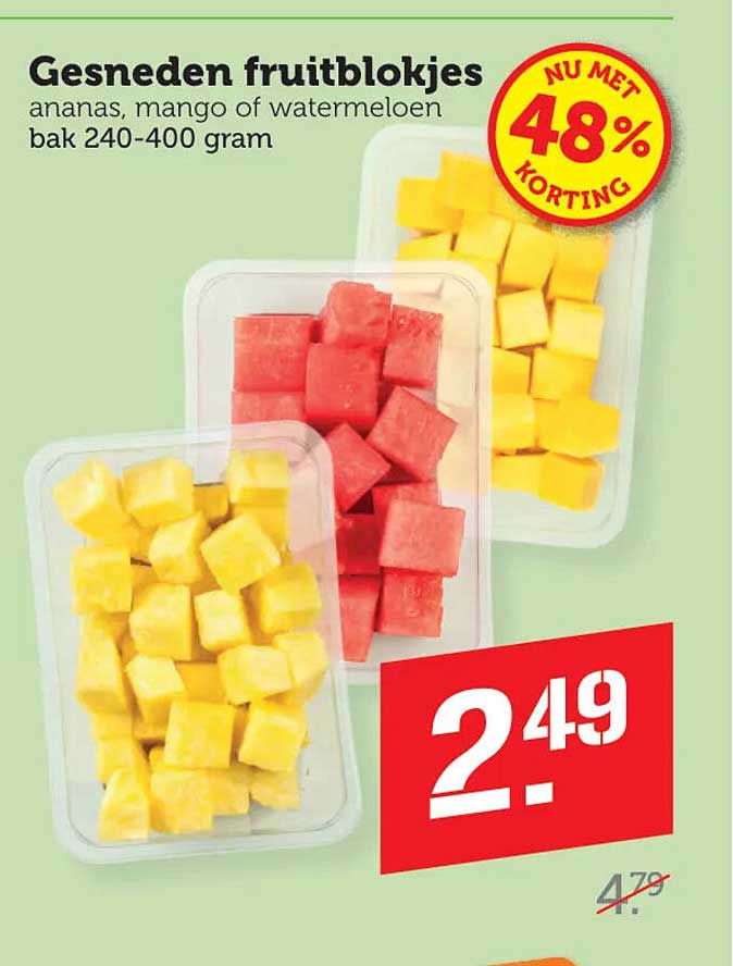 Gesneden fruitblokjes ananas, mango of watermeloen bak 240-400 gram