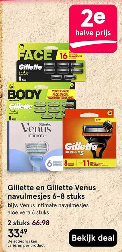 Gillette en Gillette Venus navulmesjes 6–8 stuks 2e halve prijs