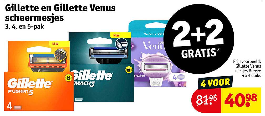 Gillette en Gillette Venus scheermesjes 3, 4, en 5-pak 2+2 gratis