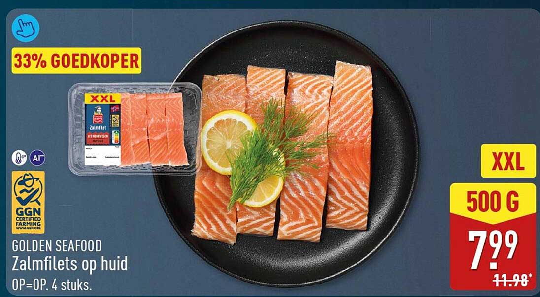 GOLDEN SEAFOOD Zalmfilets op huid XXL 500 G 33% GOEDKOPER