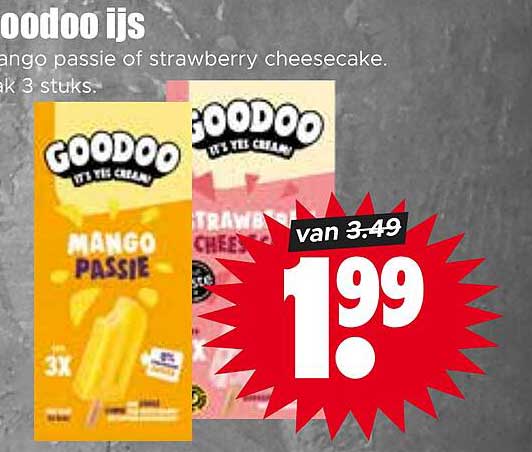 Goodoo ijs mango passie of strawberry cheesecake. 3 stuks