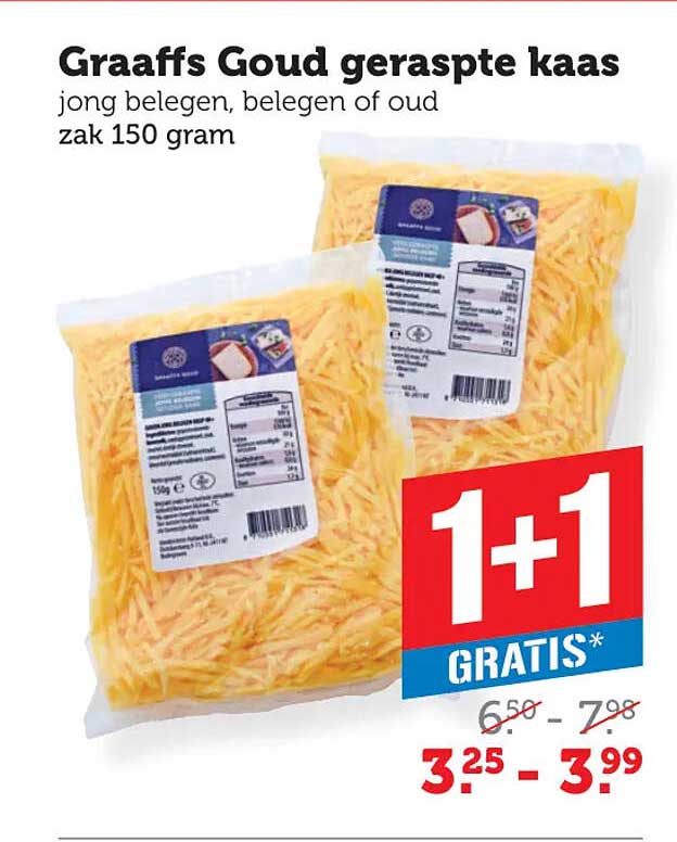 Graaffs Goud geraspte kaas jong belegen, belegen of oud zak 150 gram 1+1 gratis