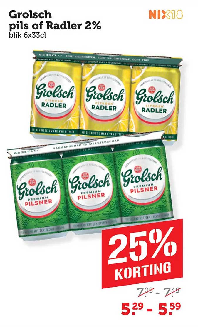 Grolsch pils of Radler 2% blik 6x33cl 25% KORTING