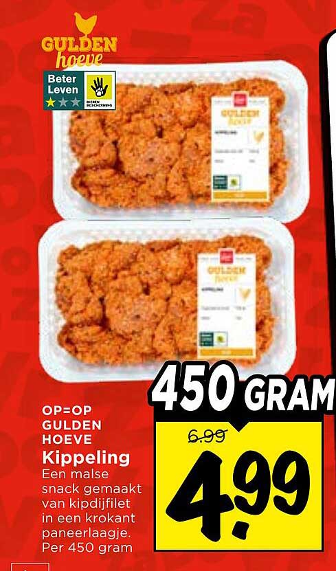 Gulden Hoeve Kippeling Een malse snack gemaakt van kipdijfilet in een krokant paneerlaagje. Per 450 gram