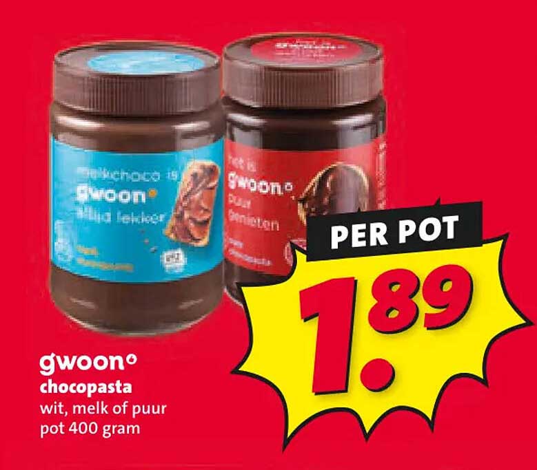 g'woon chocopasta wit, melk of puur pot 400 gram