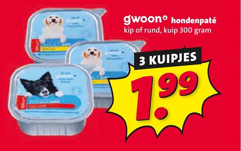 g'woon hondenpaté kip of rund, kuip 300 gram 3 kuipjes