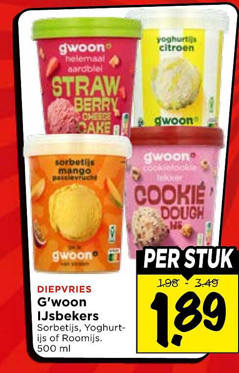 G'woon IJsbekers Sorbetijs, Yoghurt-ijs of Roomijs. 500 ml PER STUK