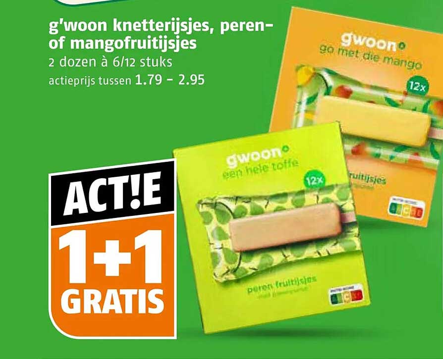 g'woon knetterijsjes, peren-,of mangofruisjes 2 dozen à 6/12 stuks ACT!E 1+1 GRATIS
