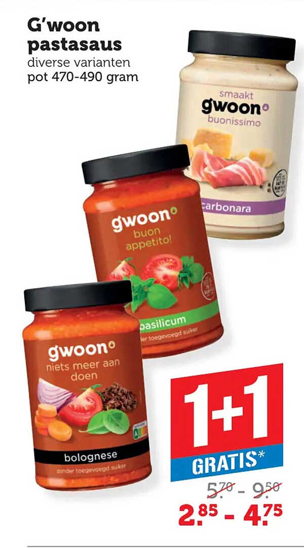 G'woon pastasaus diverse varianten pot 470-490 gram 1+1 gratis