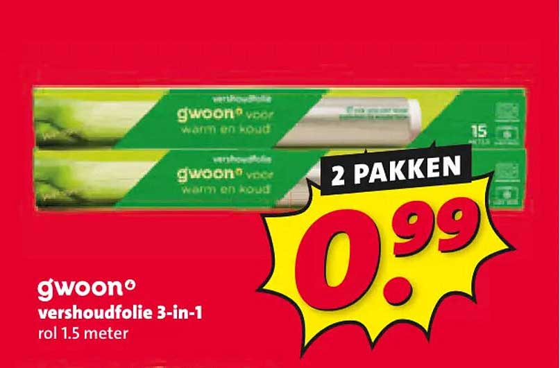 g'woon vershoudfolie 3-in-1 rol 1.5 meter 2 pakken