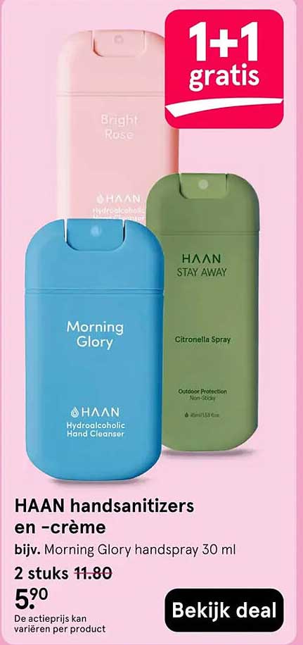 HAAN handsanitizers en -crème bijv. Morning Glory handspray 30 ml 1+1 gratis