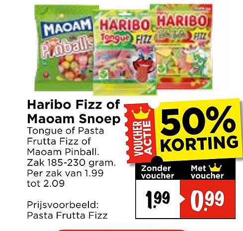 Haribo Fizz of Maoam Snoep Tongue of Pasta Frutta Fizz of Maoam Pinball. Zak 185-230 gram. Per zak van 1.99 tot 2.09 50% KORTING