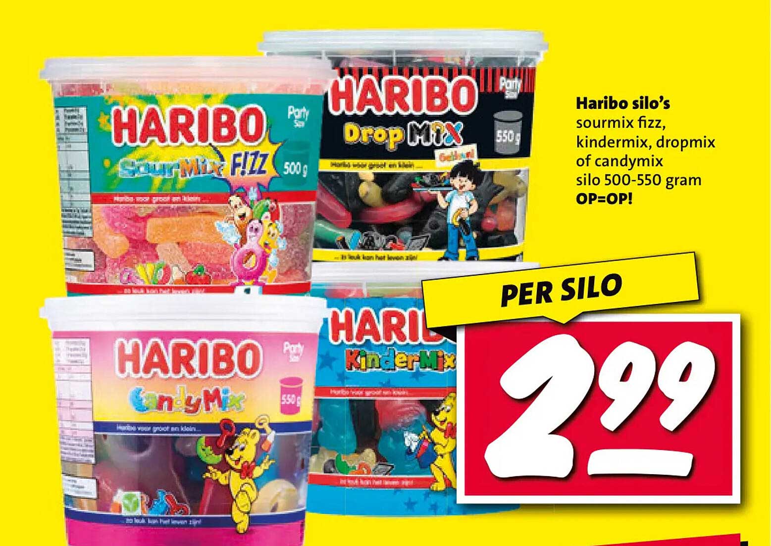 Haribo silo’s sourmix fizz, kindermix, dropmix of candymix silo 500-550 gram OP=OP! PER SILO