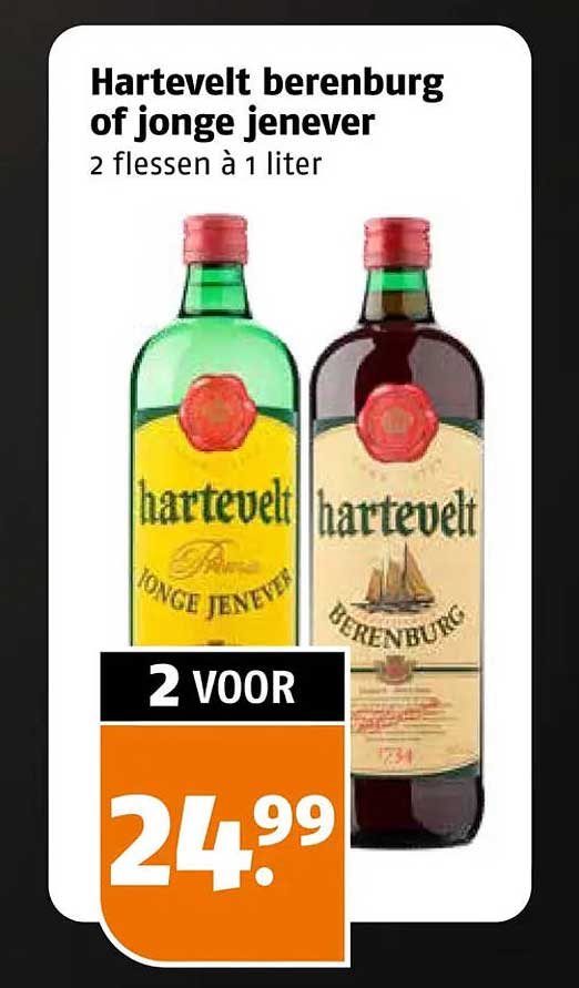 Hartevelt berenburg of jonge jenever 2 flessen à 1 liter