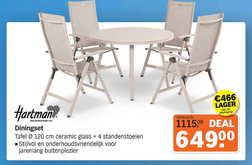 Hartman Diningset Tafel Ø 120 cm ceramic glass + 4 standenstoelen