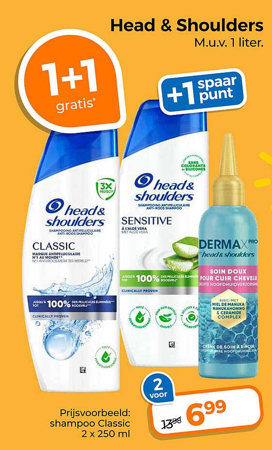 Head & Shoulders M.u.v. 1 liter. 1+1 gratis +1 spaar punt