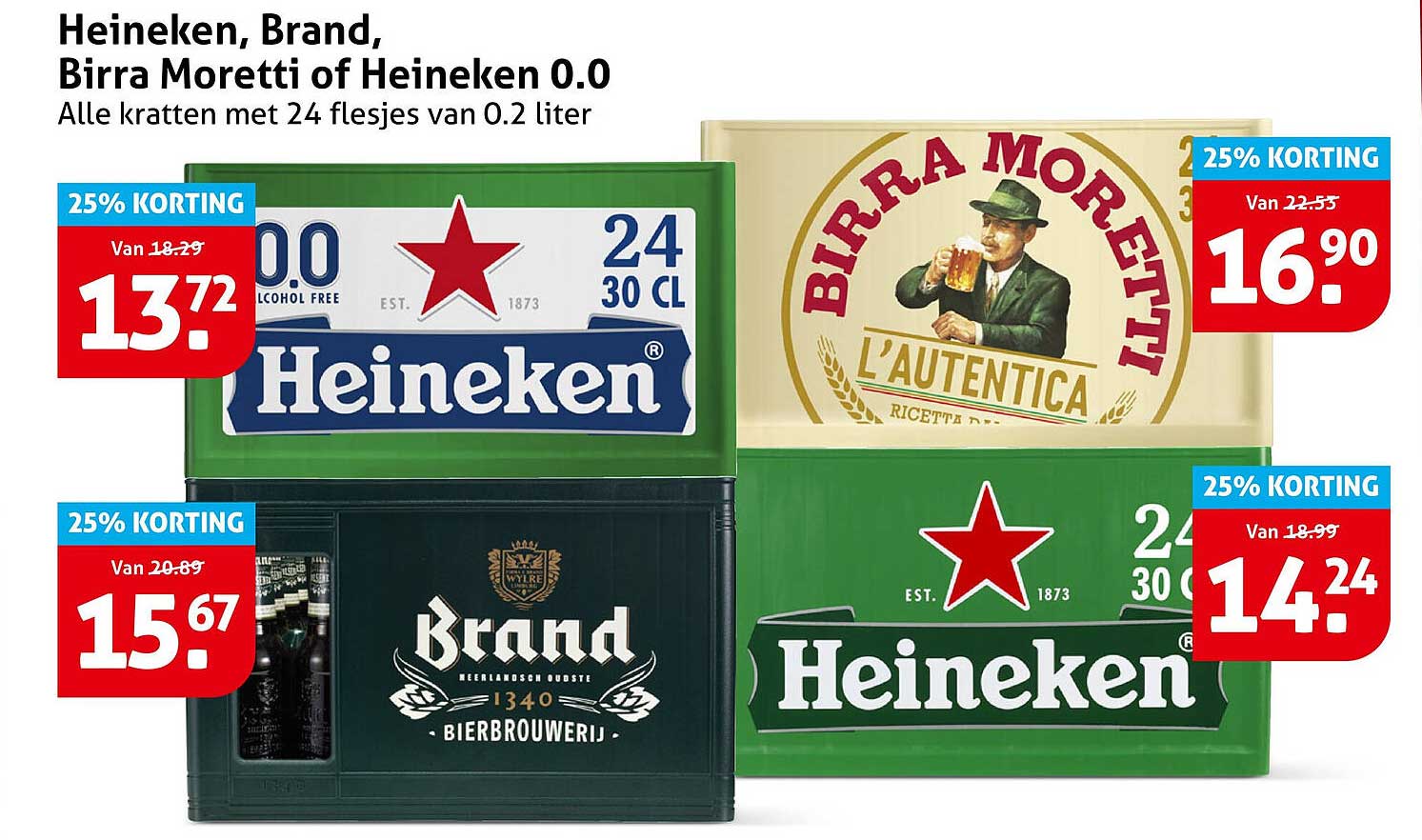 Heineken, Brand, Birra Moretti of Heineken 0.0 Alle kratten met 24 flesjes van 0.2 liter